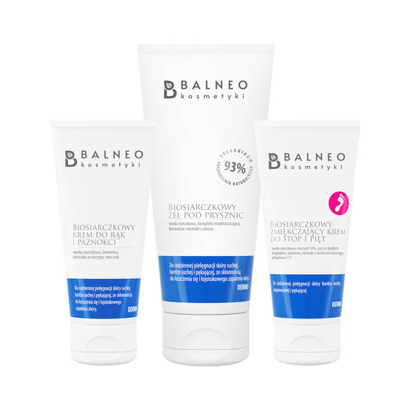 Balneokosmetyki zestaw: krem do rąk i paznokci, 100 ml + żel pod prysznic, 200 ml + krem do stóp i pięt, 100 ml