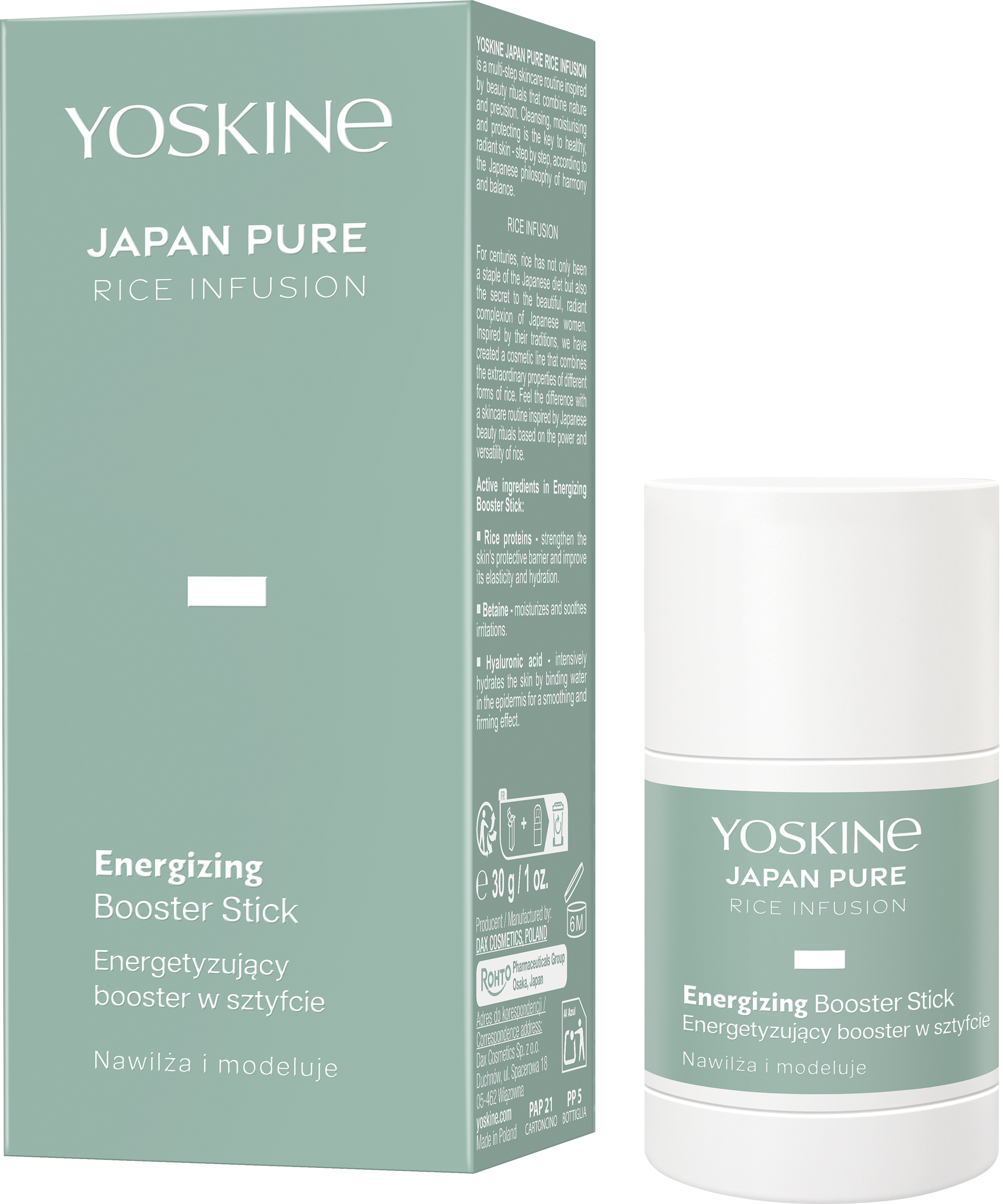 Yoskine Japan Pure Rice energetyzujący booster w sztyfcie wspomagający modelowanie owalu twarzy, 30 g