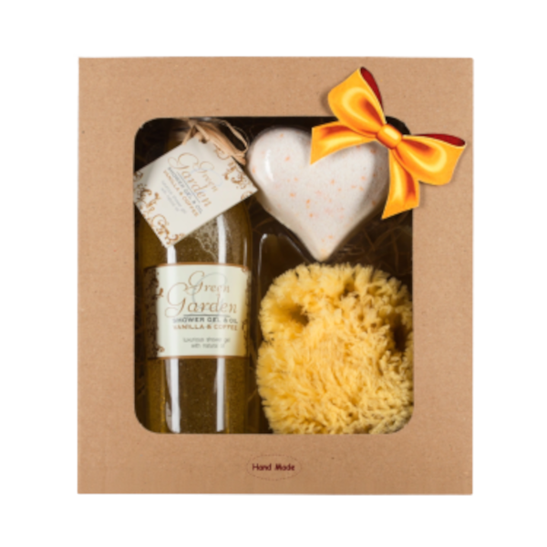 Green Garden zestaw: żel pod prysznic, 250 ml + kula do kąpieli Wanilia Kawa, 100 g + gąbka do mycia ciała, 1 szt.