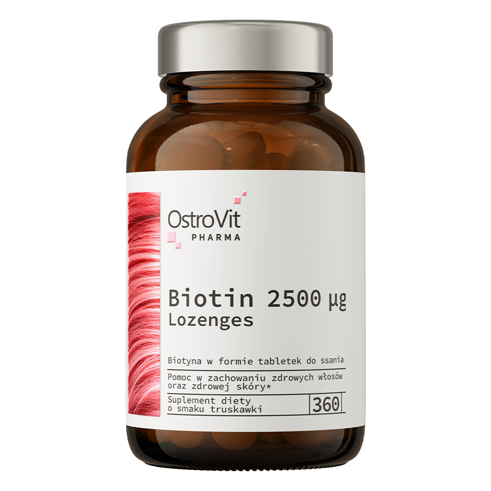 OstroVit Pharma Biotyna 2500 µg suplement diety do ssania o smaku truskawkowym, 360 tabl./1 opak.