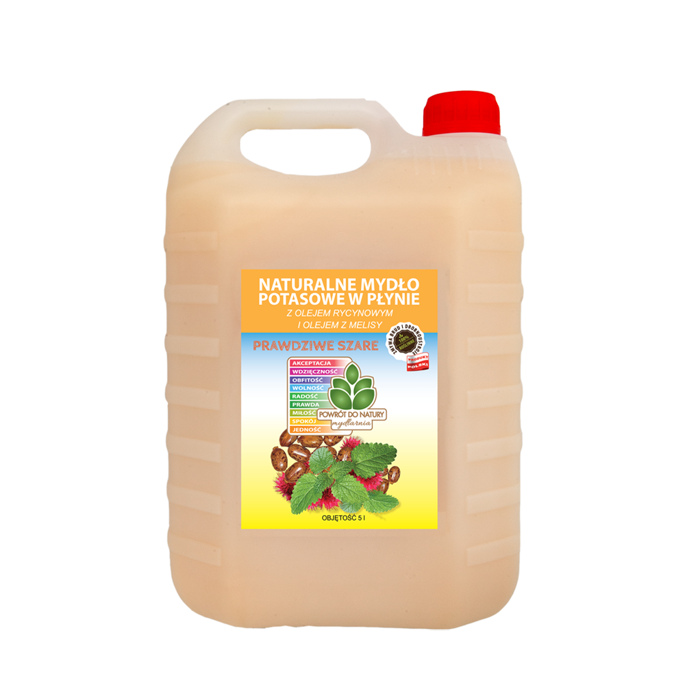 Powrót do natury Prawdziwe szare 100% roślinne naturalne mydło potasowe w płynie "prawdziwe szare” z olejem rycynowym i olejem z melisy, 5 l