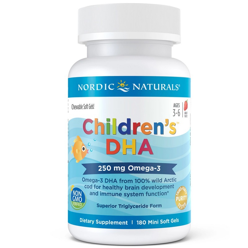 Nordic Naturals Children's DHA 250mg suplement diety kwasy DHA dla Dzieci, smak Truskawkowy, 180 kaps./1 opak.