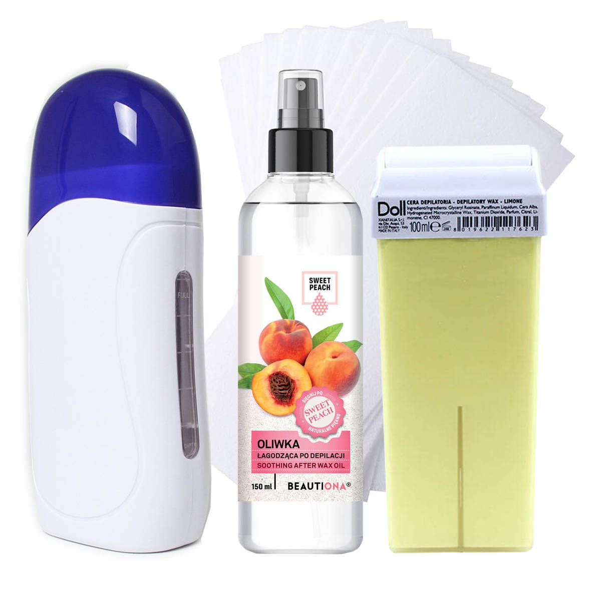 Beautiona zestaw do depilacji: podgrzewacz do wosku w rolce, 1 szt. + wosk w rolce, 100 ml + paski do depilacji, 100 szt. + oliwka po depilacji, 15...