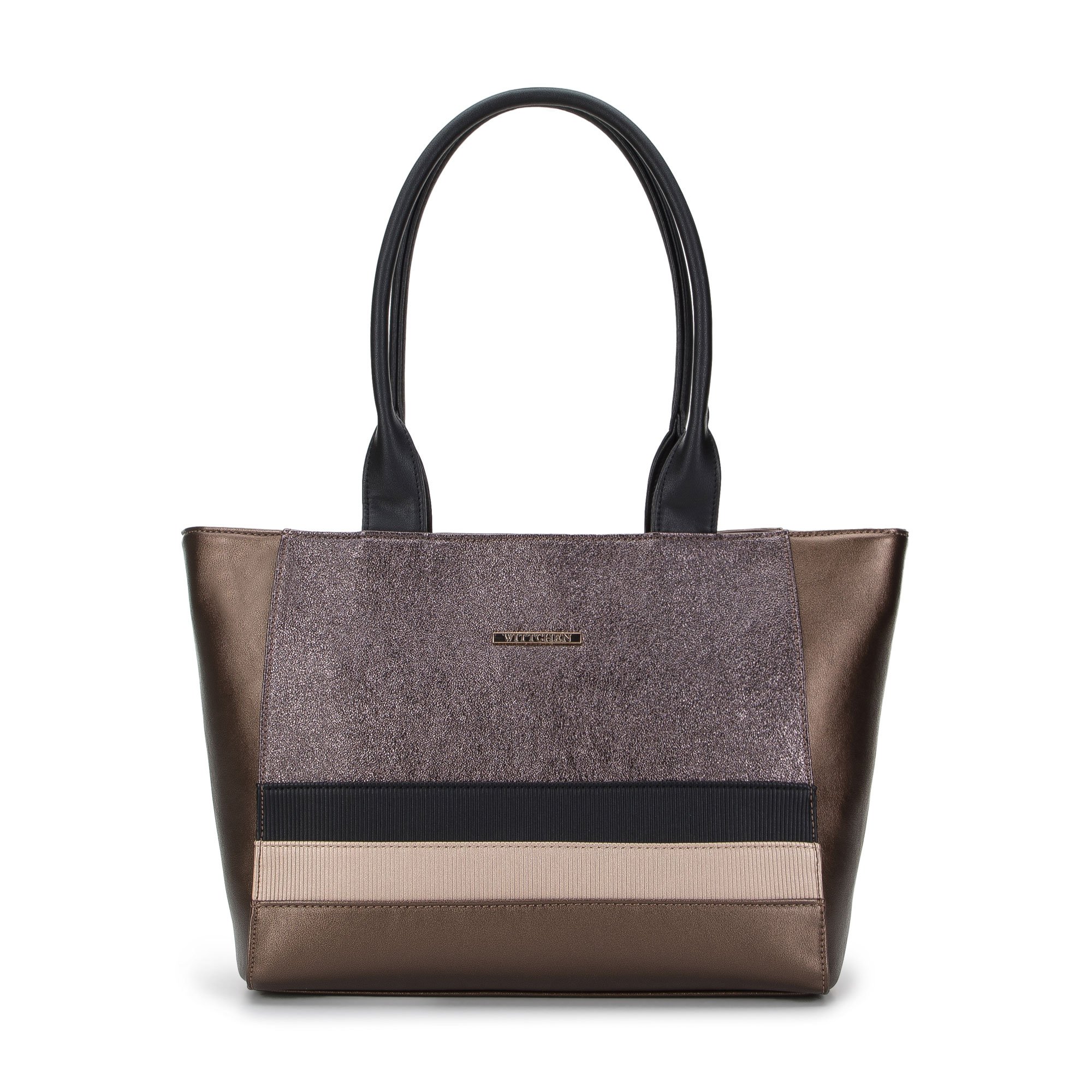 Torebka shopperka z ekoskóry z metaliczną wstawką i paskami brązowa