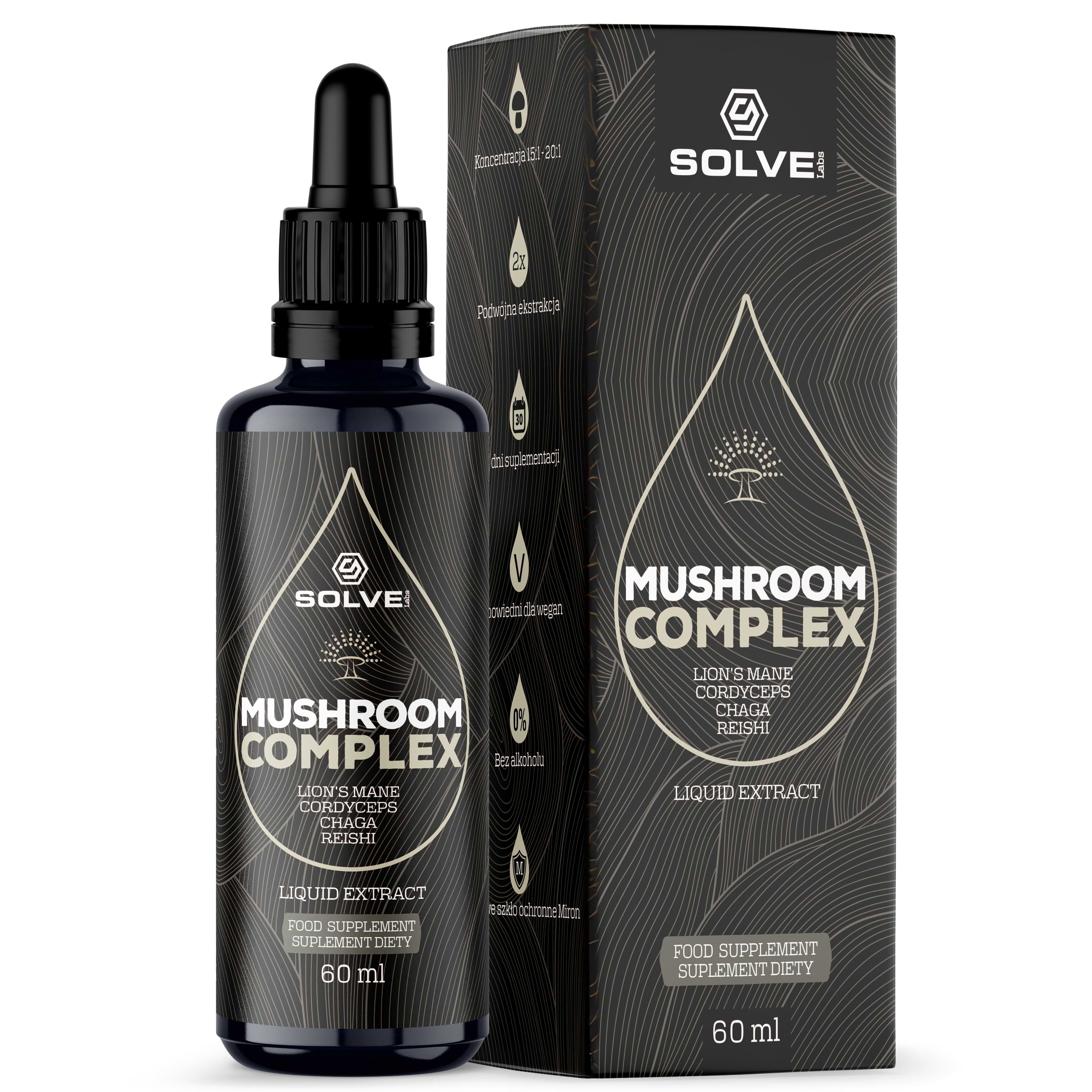 Solve Labs Mushroom Complex suplement diety w płynie z ekstraktem z 4 grzybów, 60 ml 
