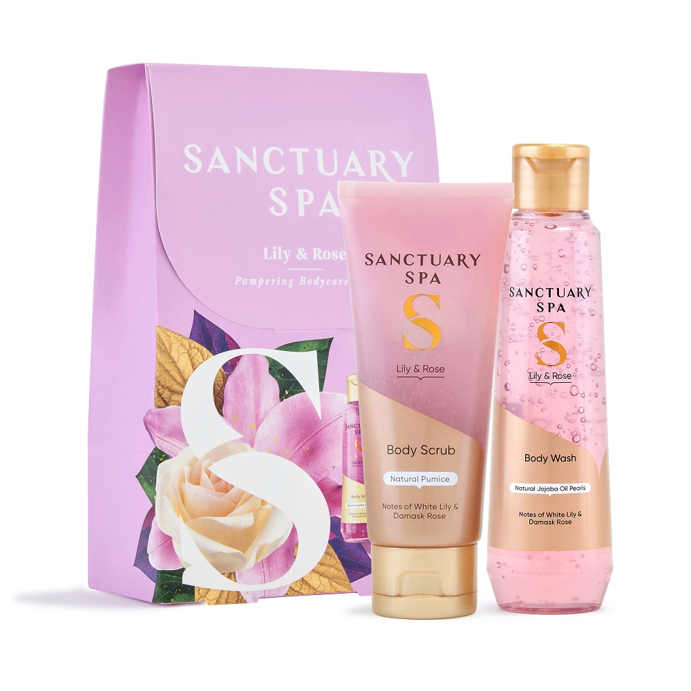 Sanctuary Spa Lily & Rose zestaw: żel pod prysznic, 150 ml + peeling do ciała, 100 ml