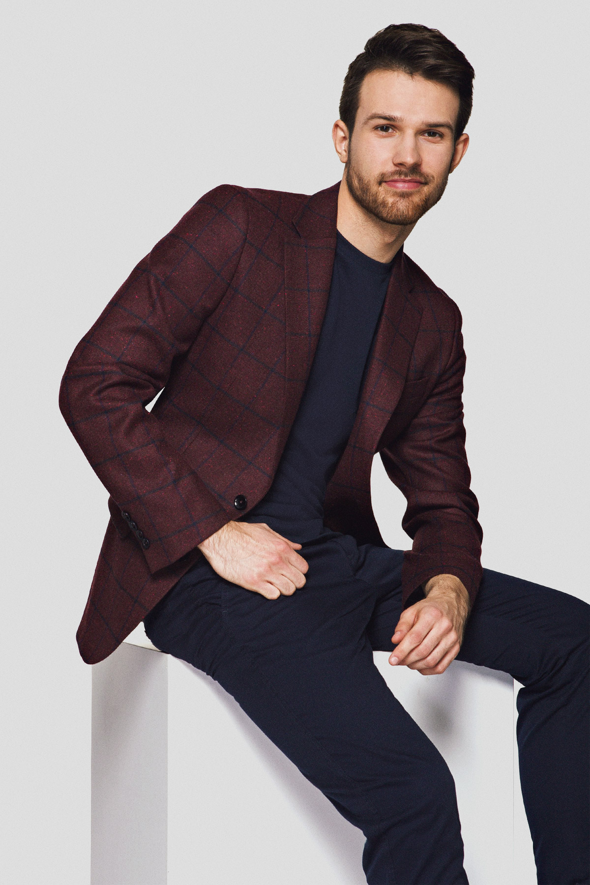 Lancerto Marynarka Bordowa z Wełną z Jedwabiem w Kratę Scotland