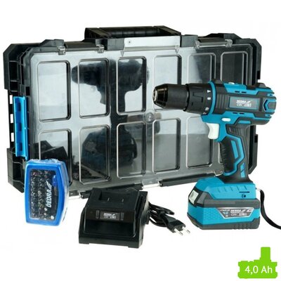 Wiertarko-wkrętarka DEDRA DED7042 + zestaw startowy z akumulatorem DED7034 + Zestaw bitów 18A11S032 + Skrzynka z gąbkami N0303G