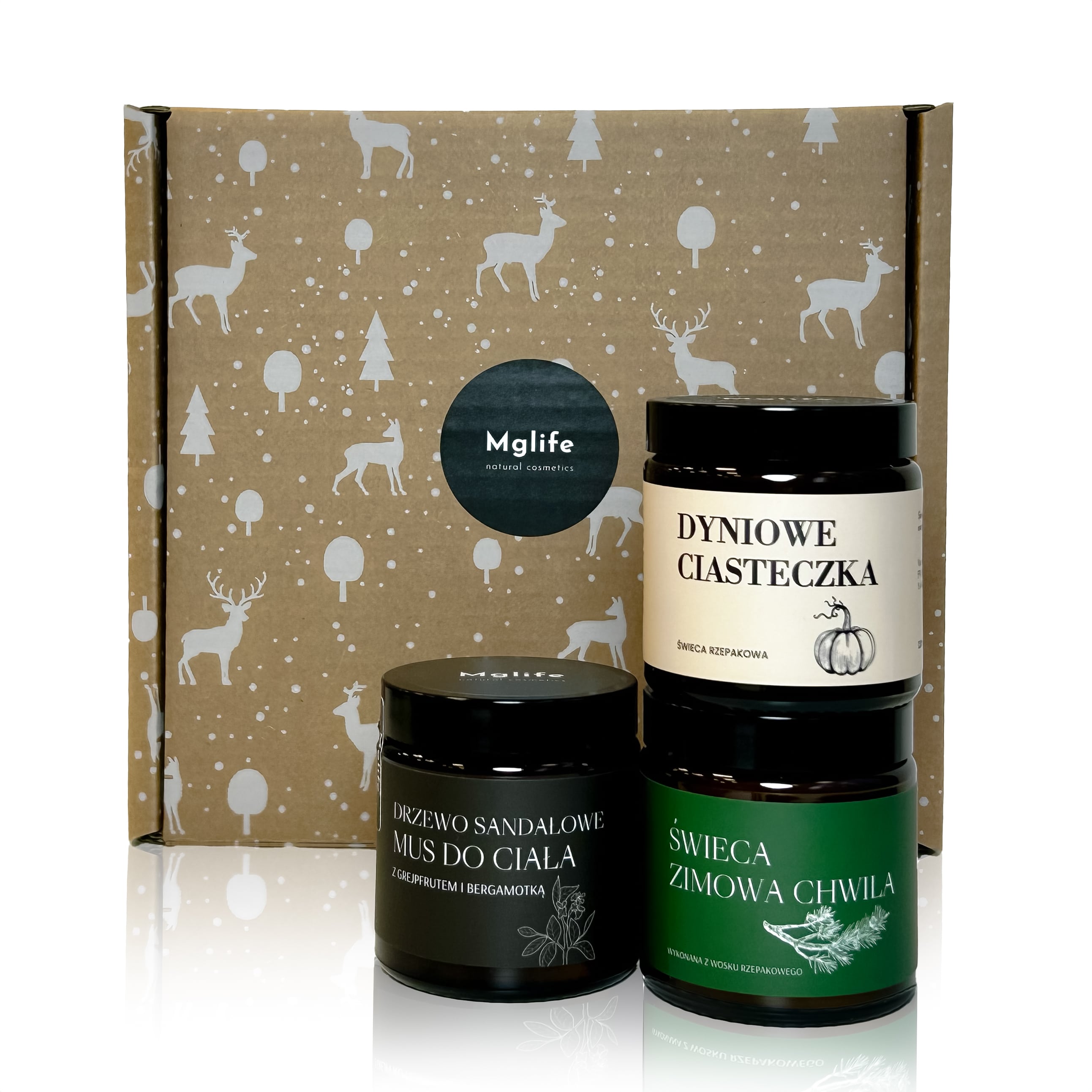 Mglife Dyniowa Słodycz zestaw: świeca dyniowe ciasteczka, 120 ml + świeca zimowa chwila, 120 ml + mus do ciała drzewo sandałowe, 120 ml