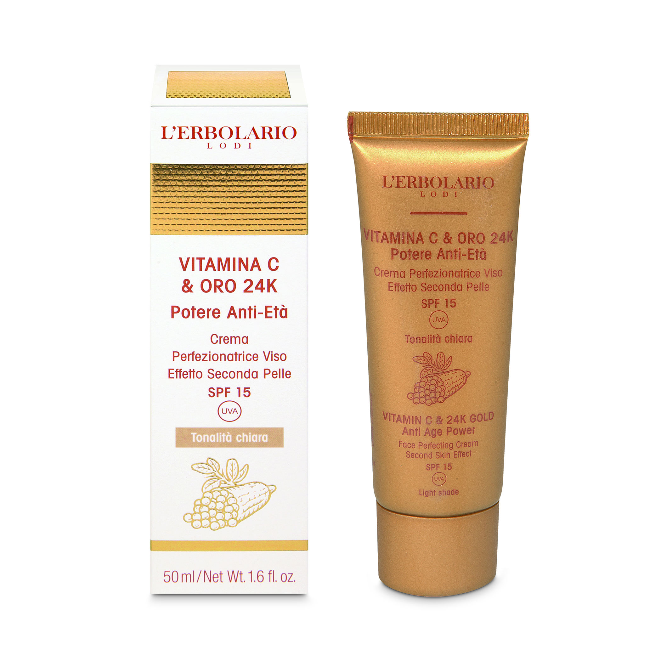 L'Erbolario Vitamina C & Oro 24K udoskonalający krem do twarzy, efekt drugiej skóry SPF15, odcień jasny, 50 ml