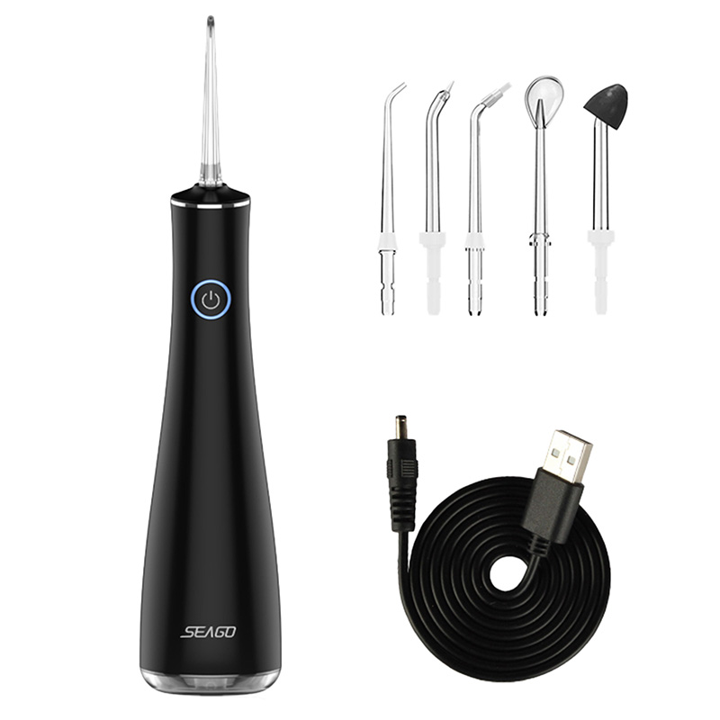 Seago SG-8001 black zestaw: irygator do zębów, 1 szt. + wymienne dysze, 5 szt. + kabel do ładowania, 1 szt.