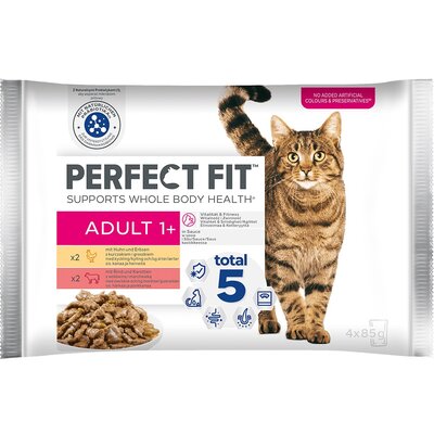 Karma dla kota PERFECT FIT Adult 1+ Kurczak z wołowiną w sosie 4 x 85 g
