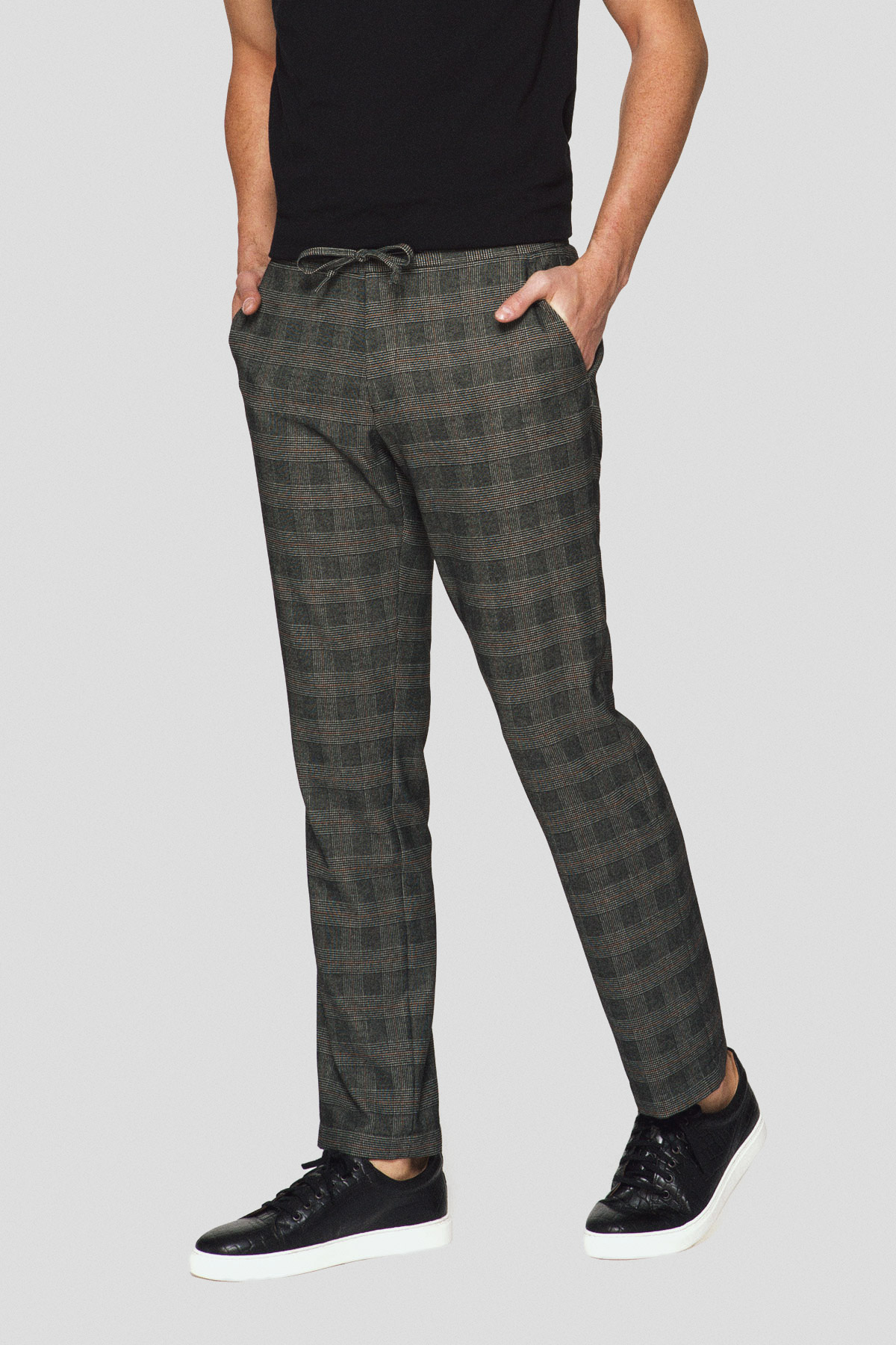 Lancerto Spodnie Joggery Ze Sznurkiem Szaro-Brązowe w Kratę Rupert