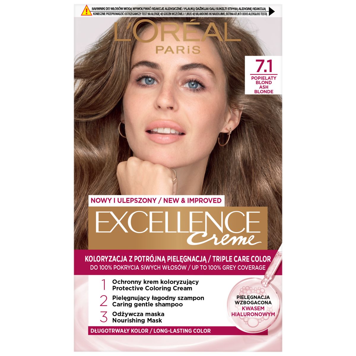 L'Oréal Paris Excellence Creme farba do włosów 7.1 popielaty blond, 1 opak.