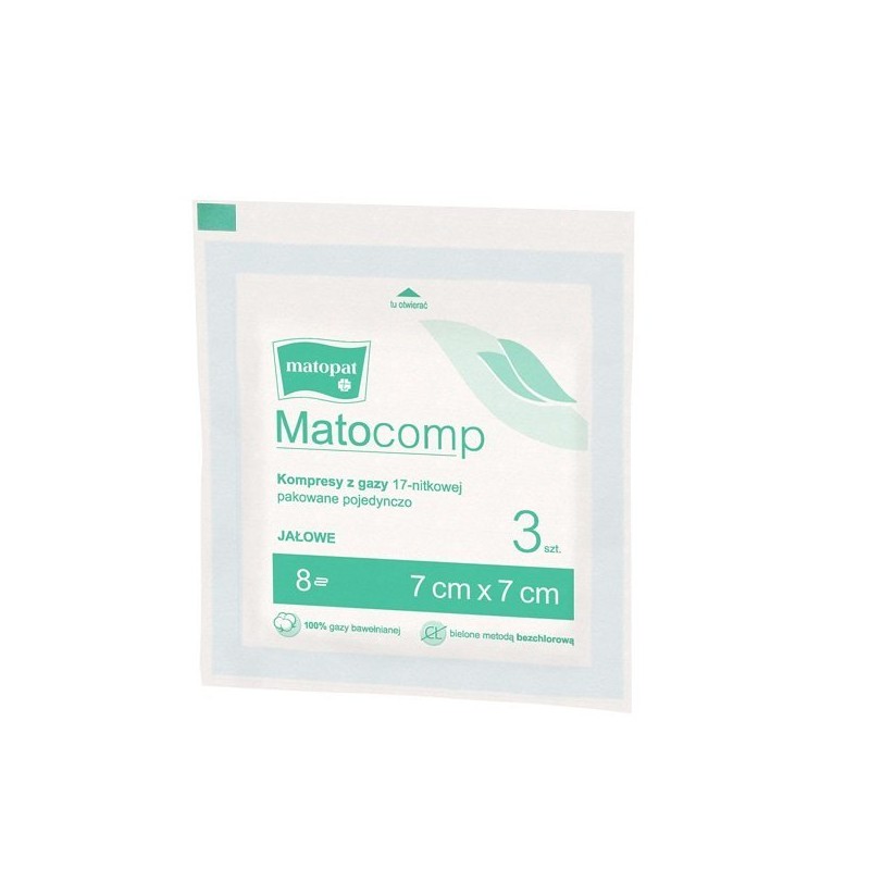 Matocomp, kompresy gazowe jałowe, 17-nitkowe, 8-warstwowe, 7 cm x 7 cm, 3 sztuki