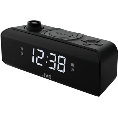 Radiobudzik JVC RA-E211B Czarny, Tuner FM/AM, Wyświetlacz LED, Projekcja czasu na ścianie, Zasilanie bateryjno-sieciowe