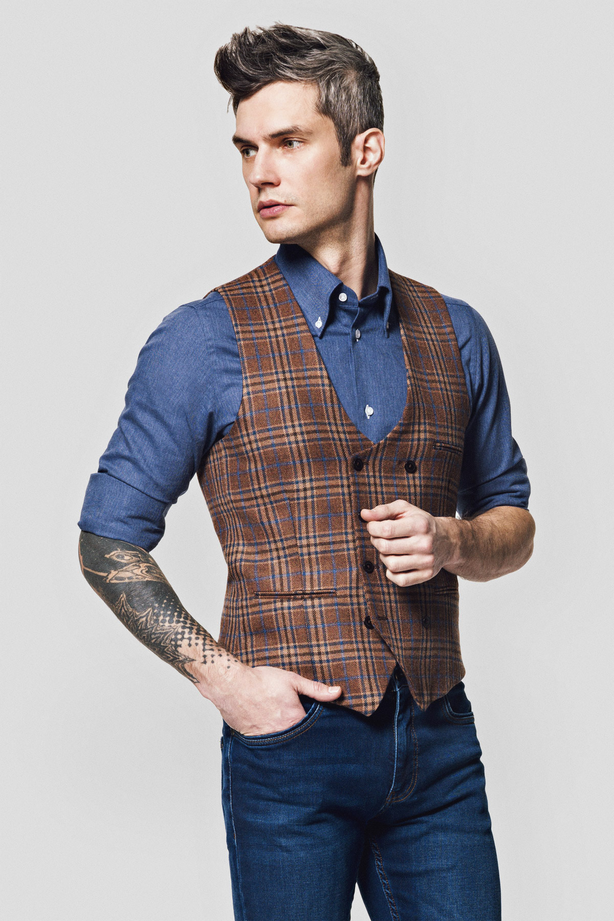 Lancerto Kamizelka Brązowa Wełniana w Kratę Tartan Tessa