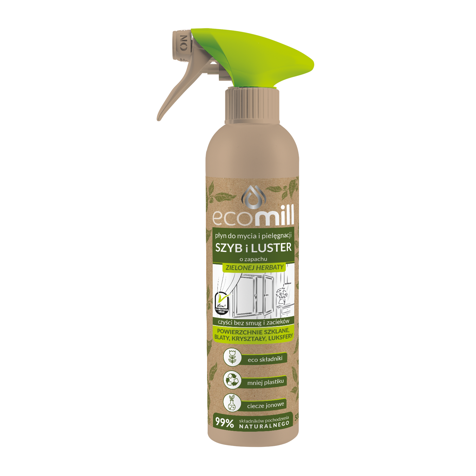 ECOMILL Płyn do czyszczenia szyb i luster o zapachu zielonej herbaty, 500 ml
