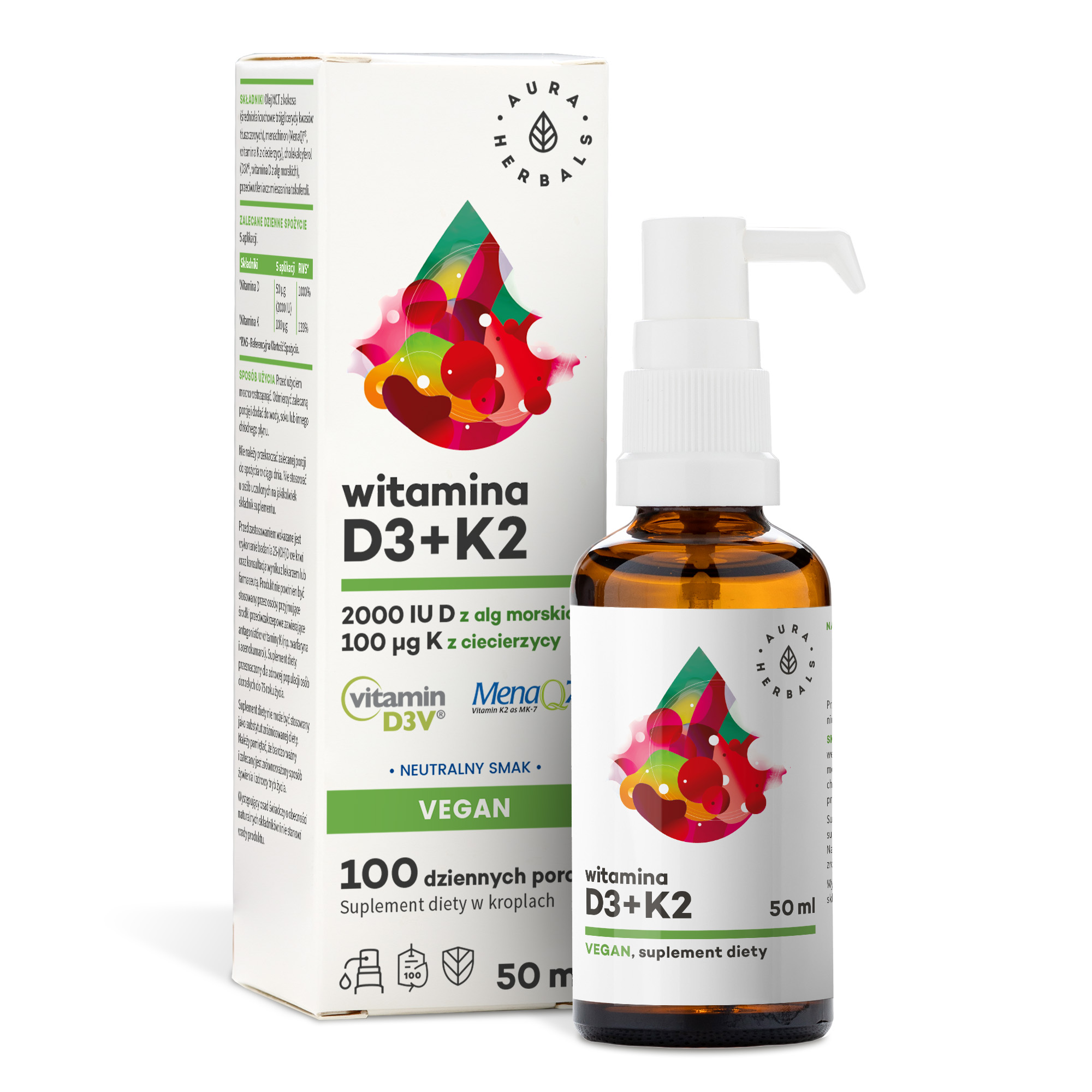 Aura Herbals suplement diety witamina D3 2000 IU + K2 w kroplach, 50 ml