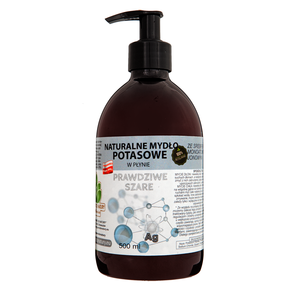 Powrót do natury Prawdziwe szare 100% roślinne naturalne mydło potasowe w płynie ”prawdziwe szare” ze srebrem monojonowym, 500 ml