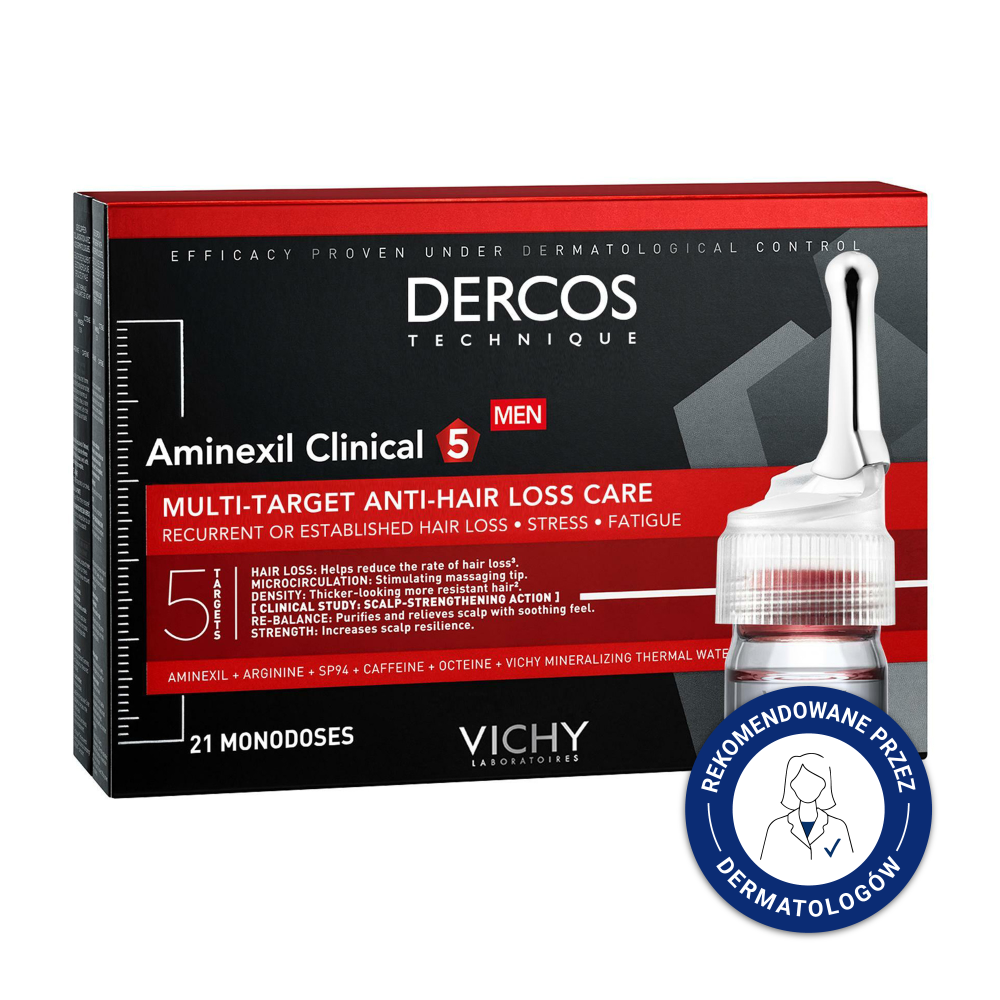 Vichy Dercos Aminexil Clinical 5 kuracja przeciw wypadaniu włosów o kompleksowym działaniu dla mężczyzn, 21x6 ml/1 opak.