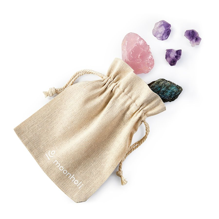 Moonholi Magic zestaw trzech magicznych kamieni: ametyst, 1 szt. + kwarc różowy, 1 szt. + tęczowy kamień księżycowy (Labradoryt), 1 szt.