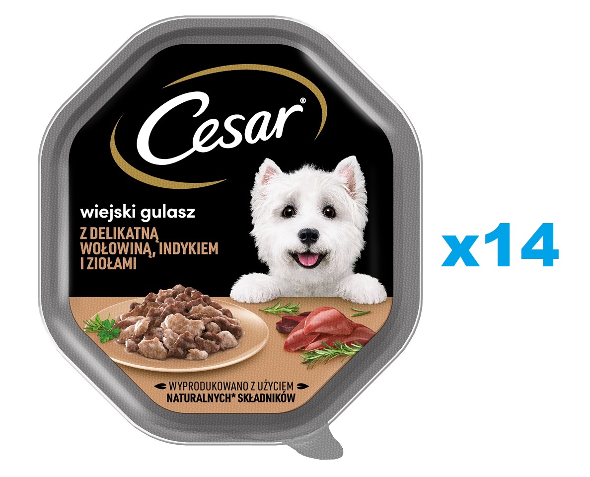 CESAR tacka 14x150 g mokra karma pełnoporcjowa dla dorosłych psów w sosie z delikatną wołowiną indykiem i ziołami