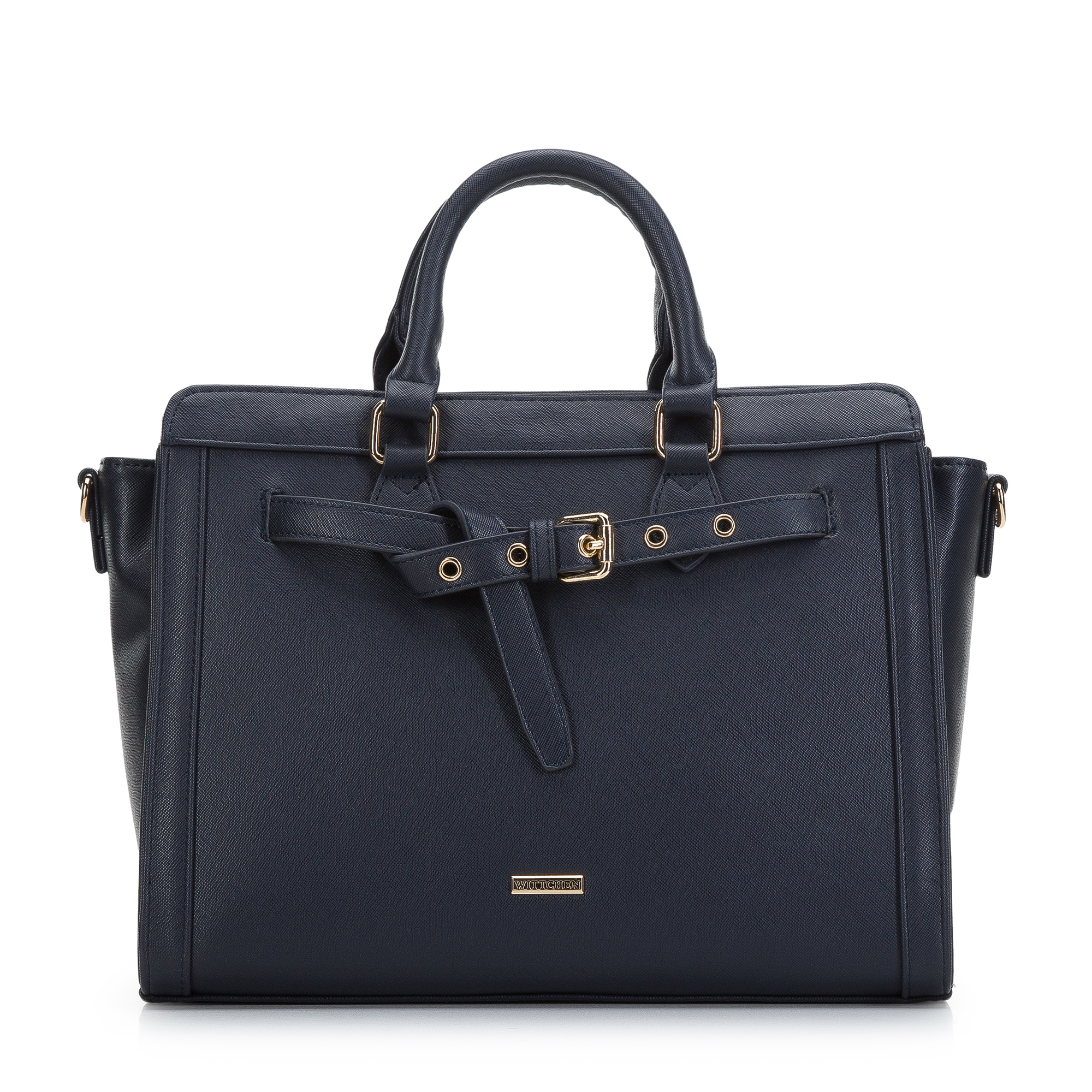 Torebka kuferek z ekoskóry saffiano z ozdobnym paskiem granatowa