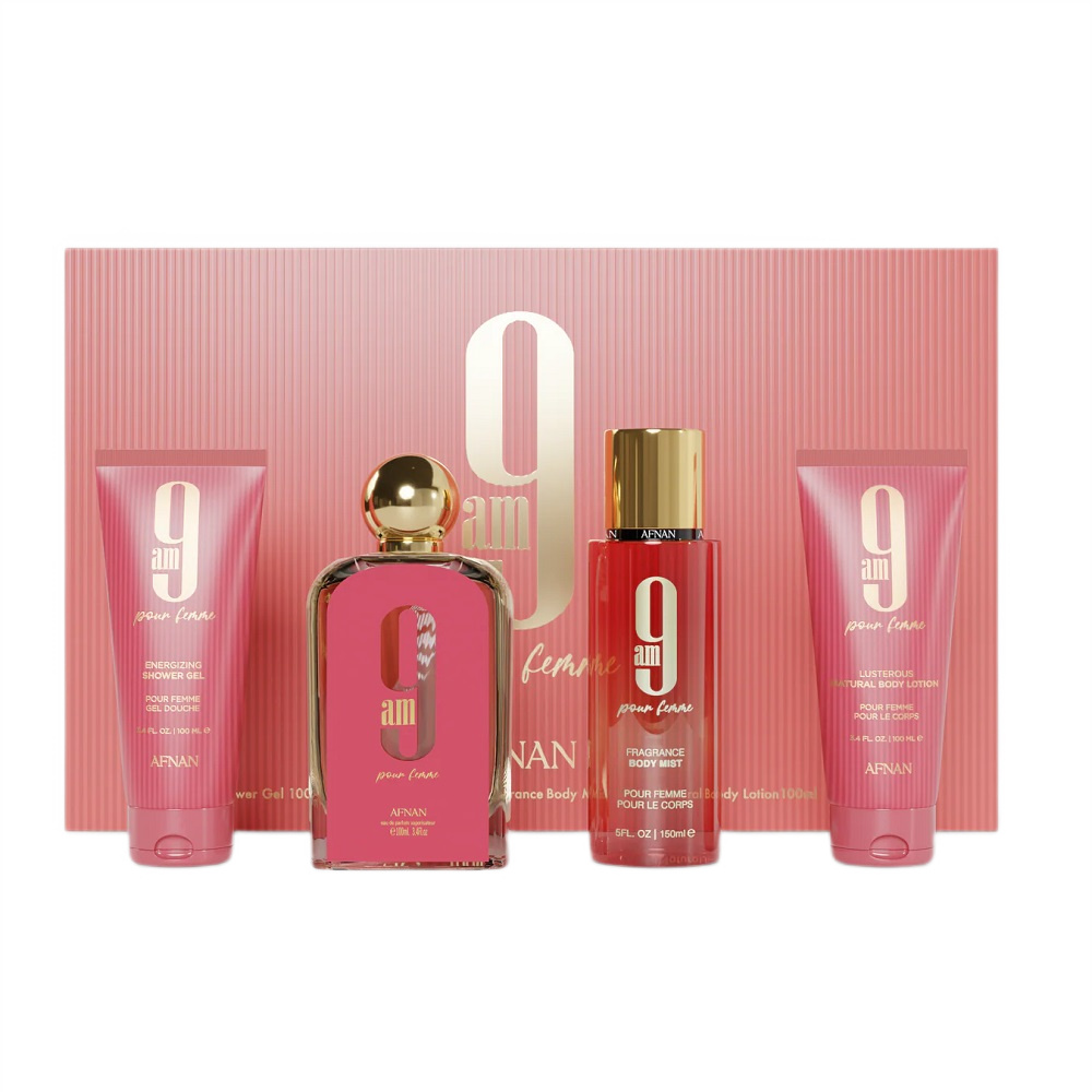 Afnan 9am Pour Femme zestaw: woda perfumowana damska, 100 ml  + mgiełka do ciała, 150 ml + balsam do ciała, 100 ml  + żel pod prysznic, 100 ml
