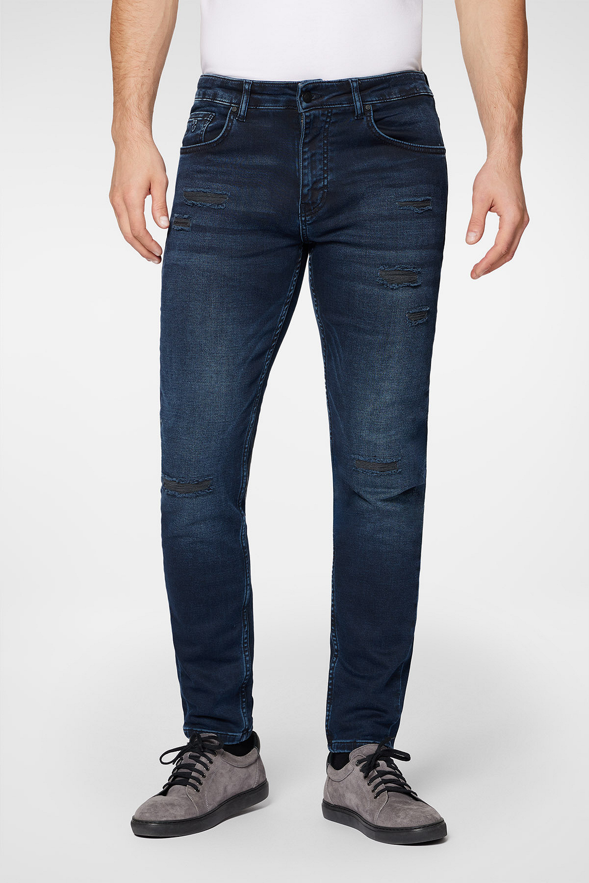 Próchnik - Jeansy Ciemnogranatowe Slim Fit z Przetarciami PM8