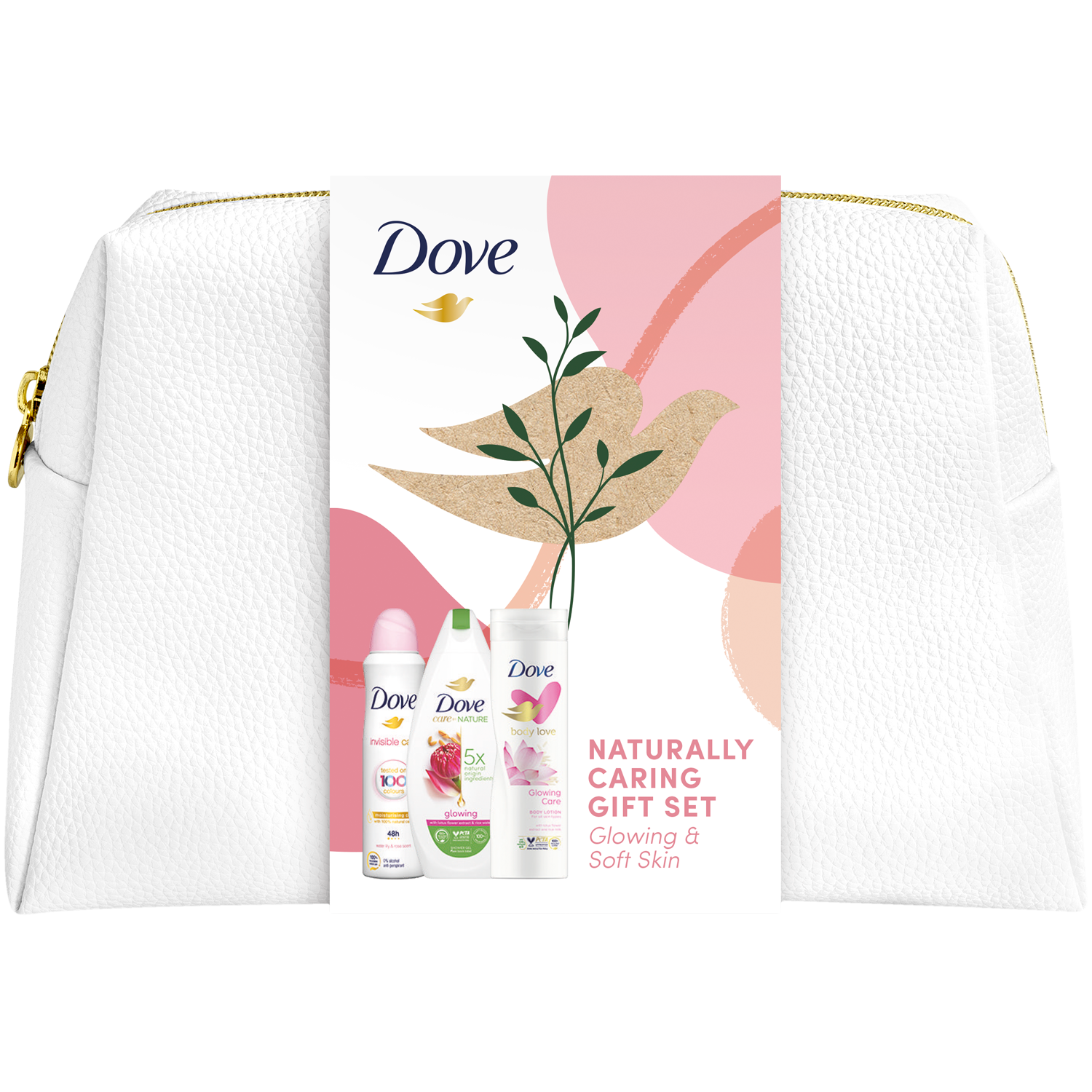 Dove Glowing Ritual zestaw: żel pod prysznic, 225 ml + dezodorant w sprayu, 150 ml + balsam do ciała, 250 ml + kosmetyczka, 1 szt.