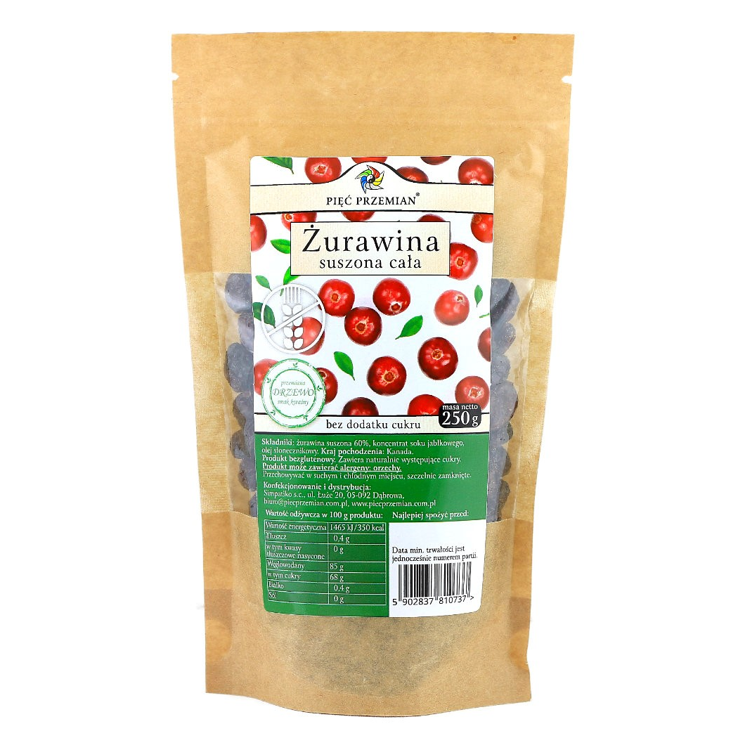 Żurawina cała suszona słodzona sokiem jabłkowym bez cukru bezglutenowa 250g ( Pięć Przemian )