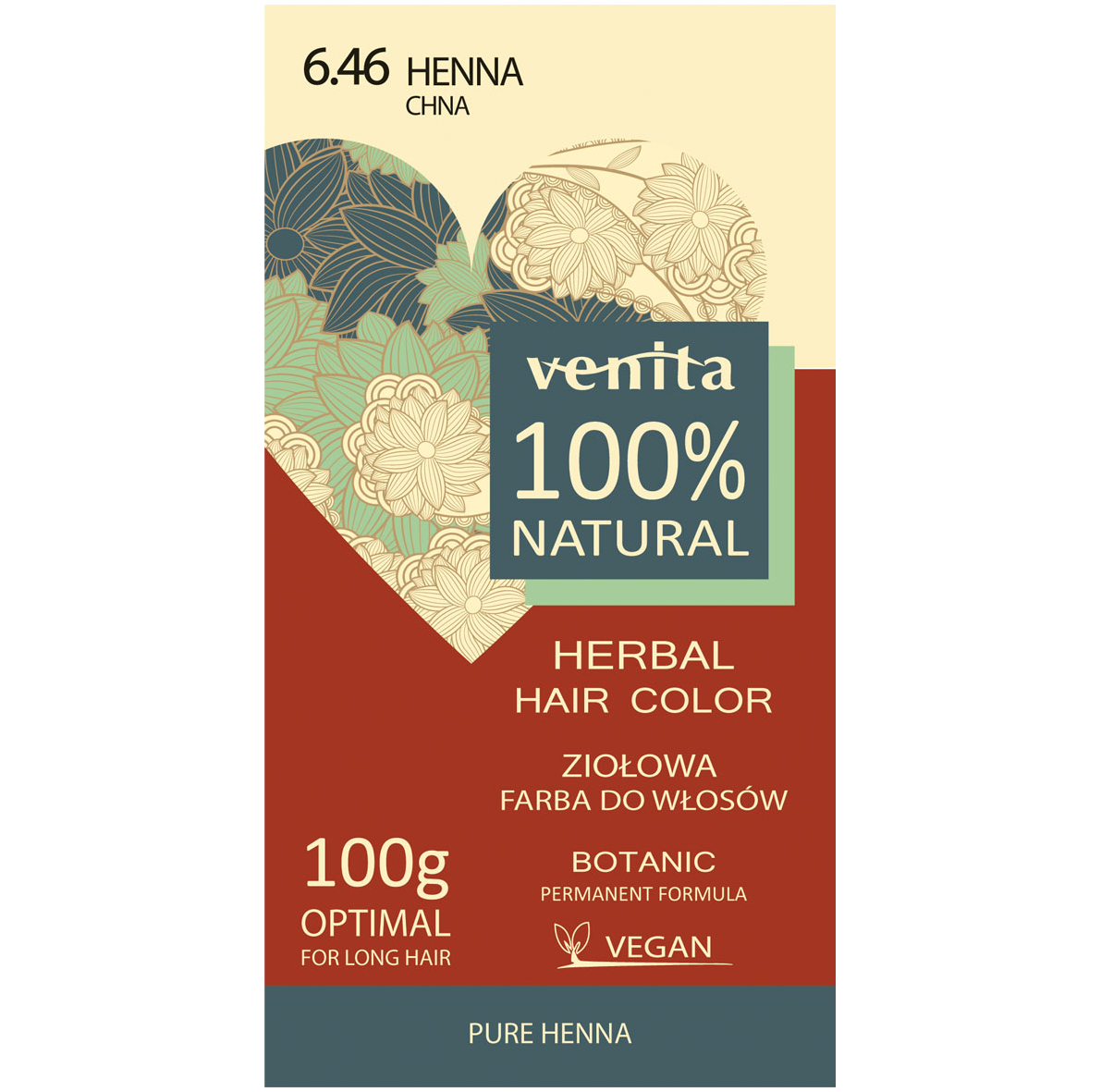 Venita 100% Natural ziołowa farba do włosów 6.46 chna, 100 g