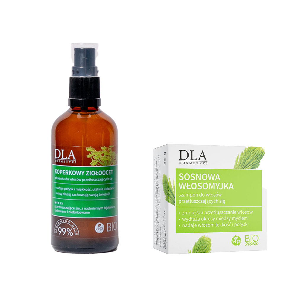 Kosmetyki DLA zestaw: sosnowa włosomyjka szampon w kostce do włosów przetłuszczających się, 35 g + koperkowy ziołoocet płukanka do włosów przetłusz...