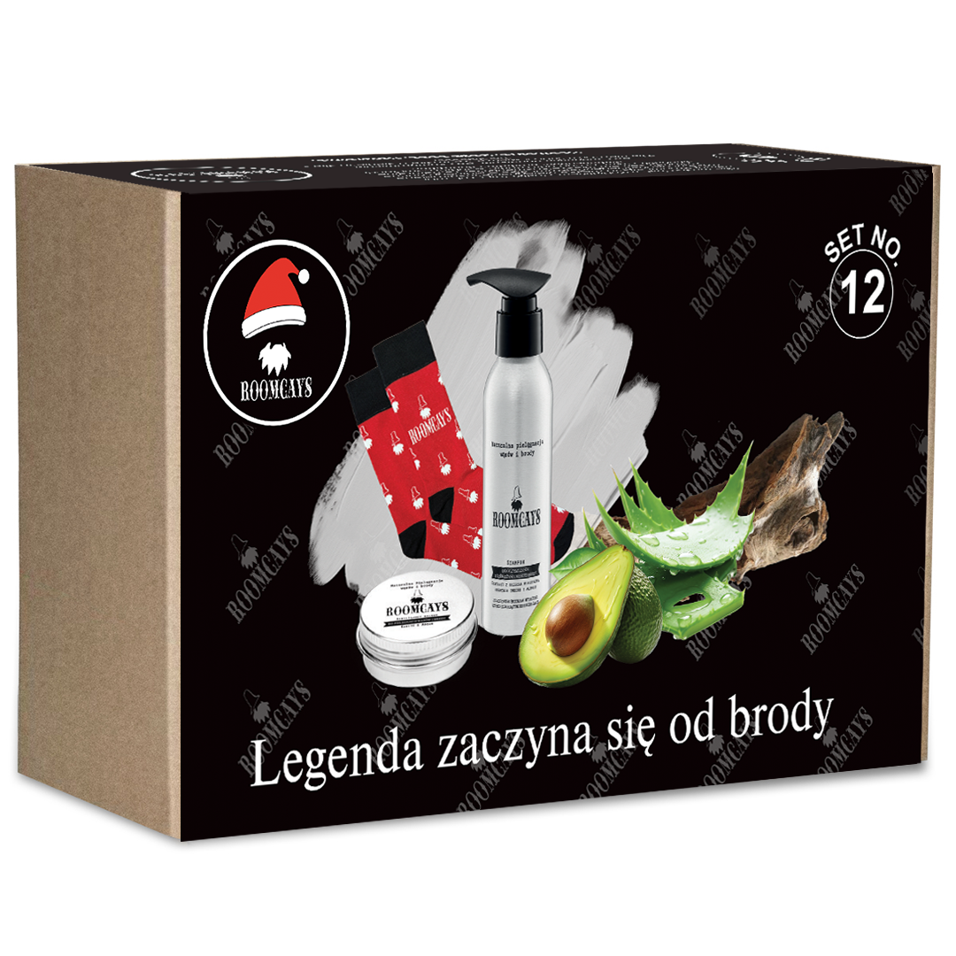 Roomcays NO.12 zestaw: szampon do brody, 120 ml + modelujący wosk do brody i wąsów, 30 ml + skarpetki, 1 para