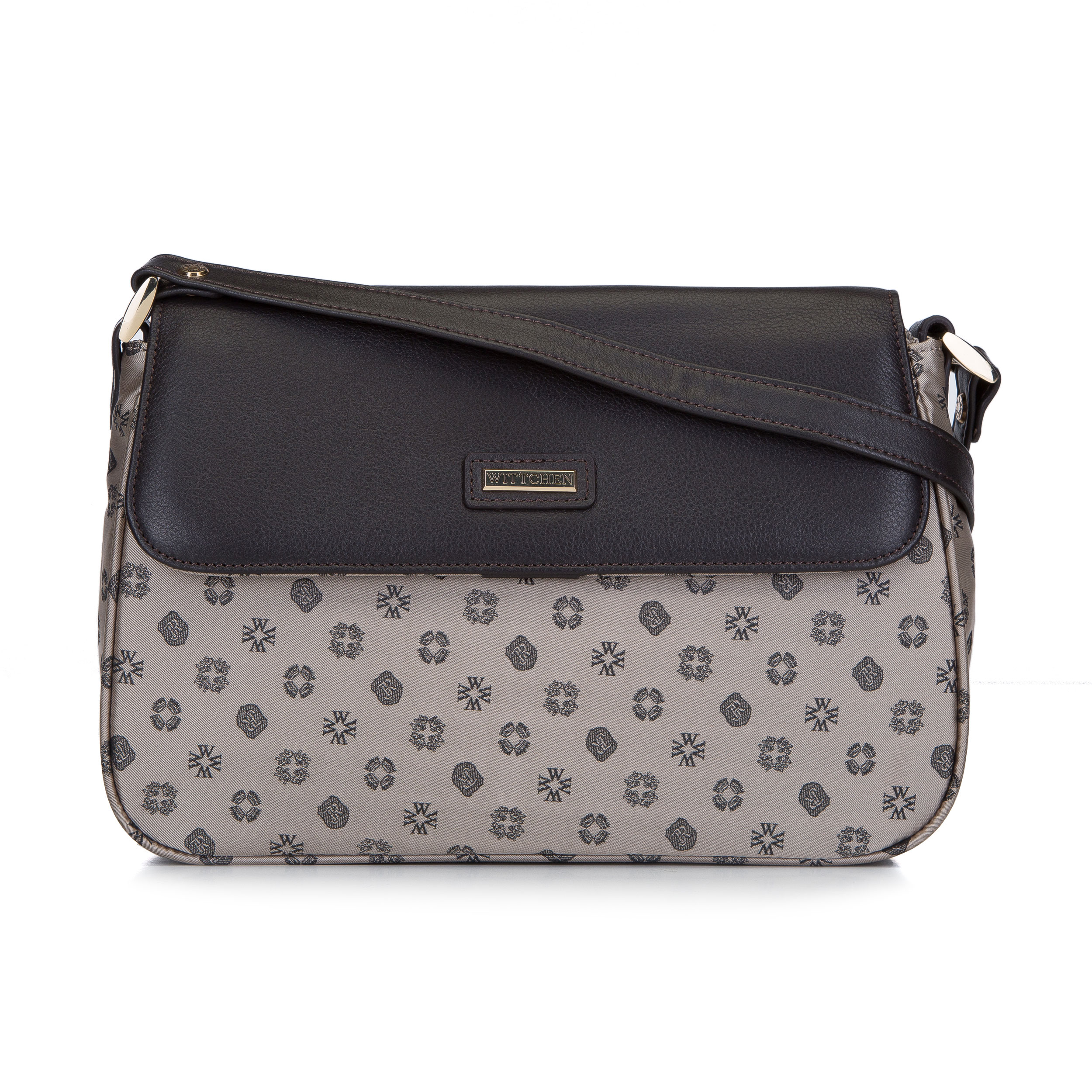 Torebka crossbody ze skóry i żakardu z monogramem beżowa