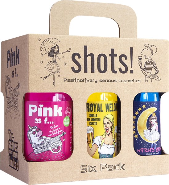 Shots! shower gel set: Pink as f***, Royal Welcome, Witch's Brew, Drift Dynamite, Bloody Mary, DIY Guy, 6x100 ml