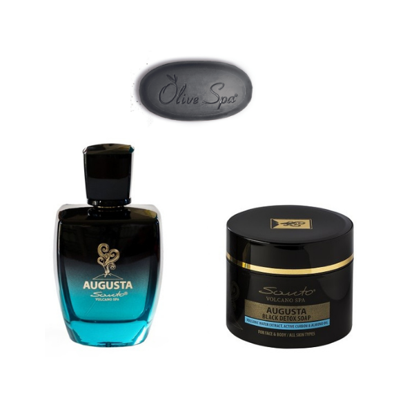 Santo Volcano Spa Augusta zestaw: woda perfumowana, 100 ml + oczyszczające czarne mydło, 100 ml + czarne mini mydło do twarzy i ciała, 25 g