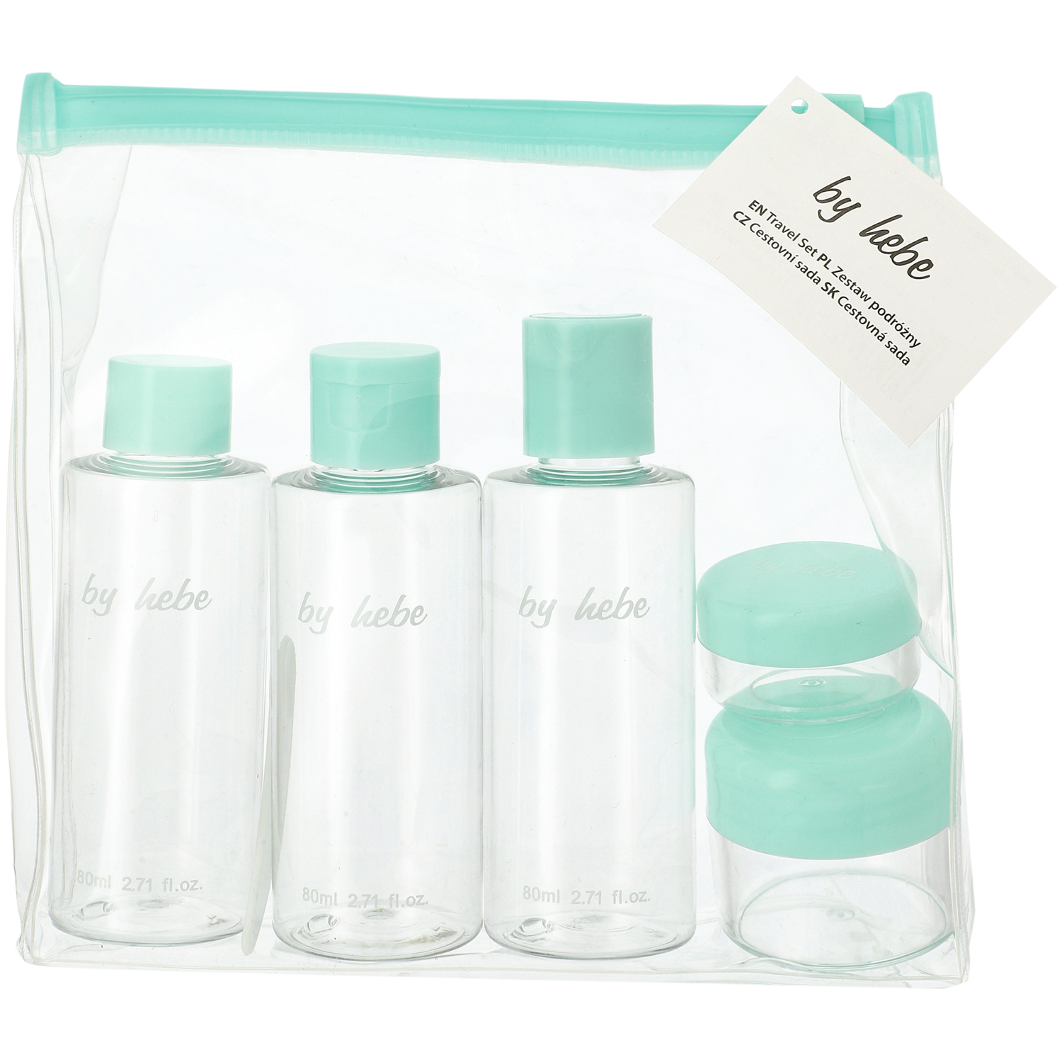 By Hebe zestaw podróżny: butelka 80 ml, 3 szt. + słoik 30 ml, 1 szt. + słoik 10 ml, 1 szt. + szpatułka, 1 szt. + kosmetyczka