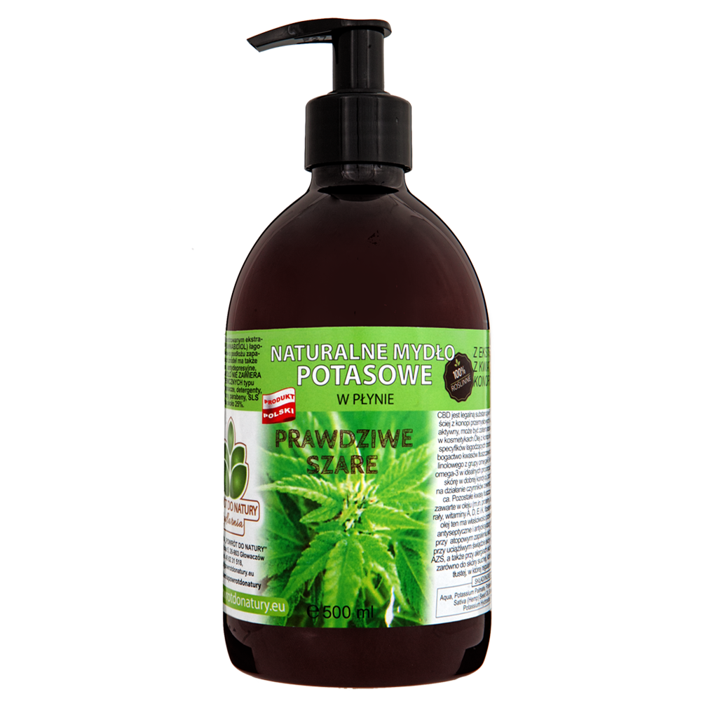 Powrót do natury Prawdziwe szare 100% roślinne naturalne mydło potasowe w płynie "prawdziwe szare” z ekstraktem kwiatów konopi CBD, 500 ml