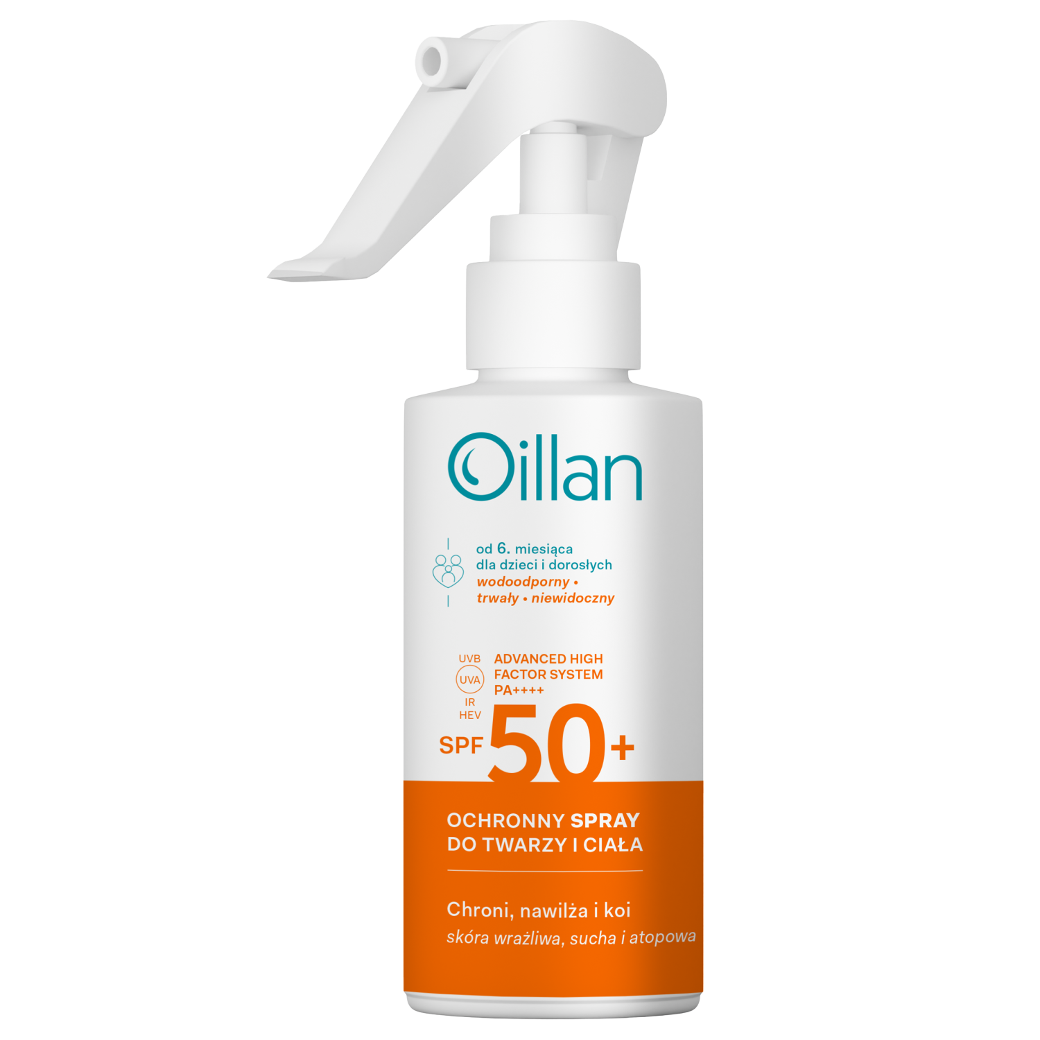 Oillan Sun ochronny spray przeciwsłoneczny z SPF50 do twarzy i ciała dla skóry wrażliwej, 125 ml