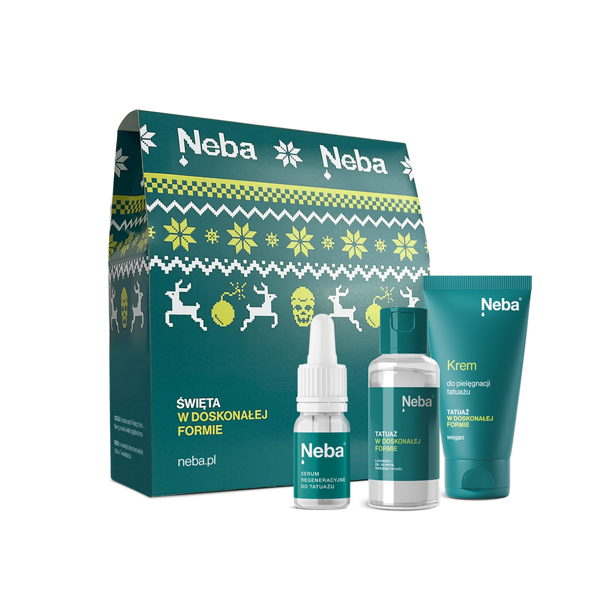 Neba zestaw świąteczny: serum regeneracyjne do świeżego tatuażu, 10 ml + żel łagodzący do mycia świeżego tatuażu, 100 ml + krem do pielęgnacji świe...