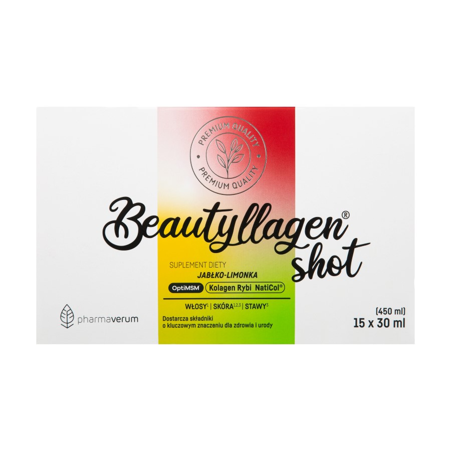 Pharmaverum s.c. Beautyllagen suplement diety w płynie z kolagenem rybim na włosy, skórę i stawy, jabłko-limonka, 15x30 ml