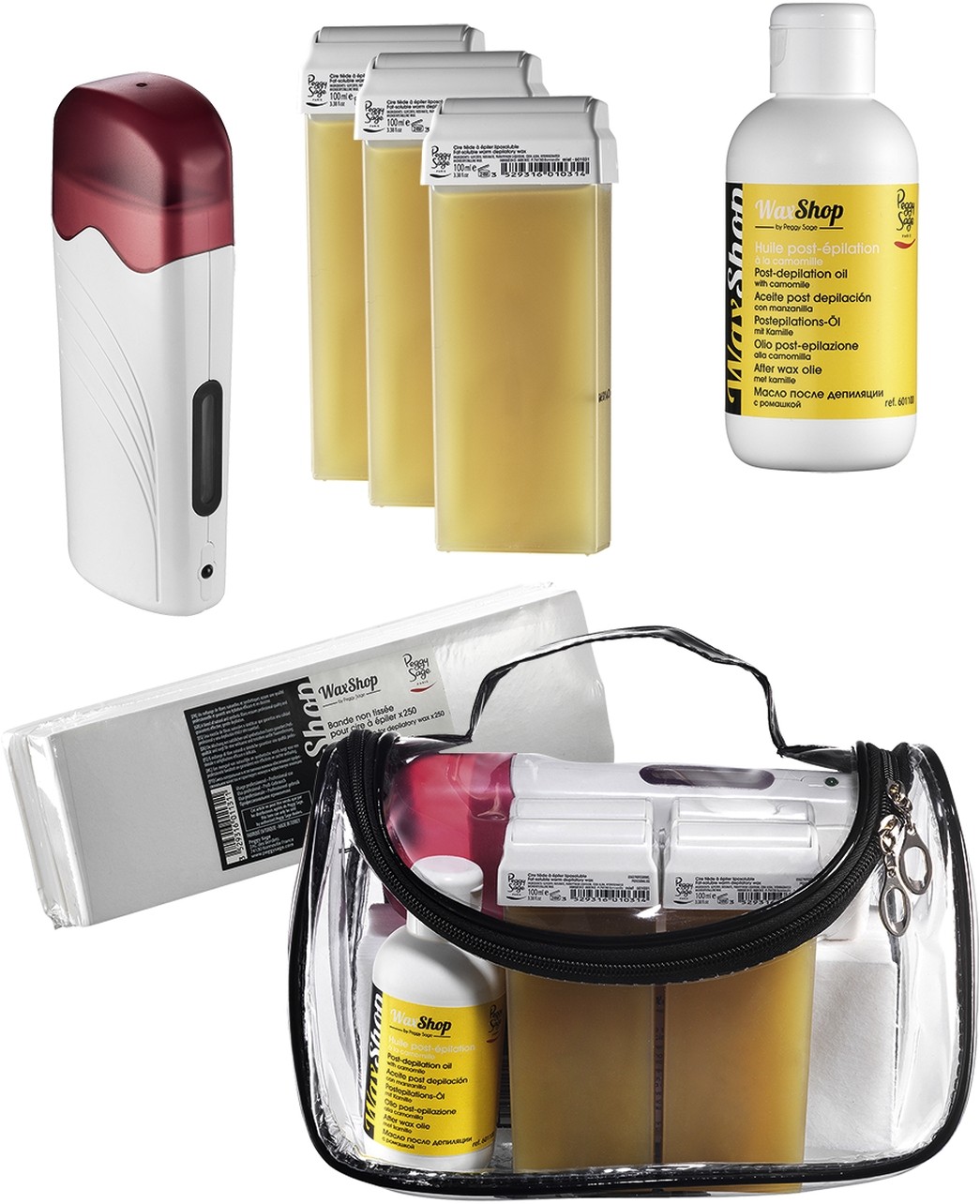 Peggy Sage zestwa do depilacji: wkład do wosku, 4x100 ml + podgrzewacz, 1 szt. + paski, 250 szt. + olejek, 150 ml