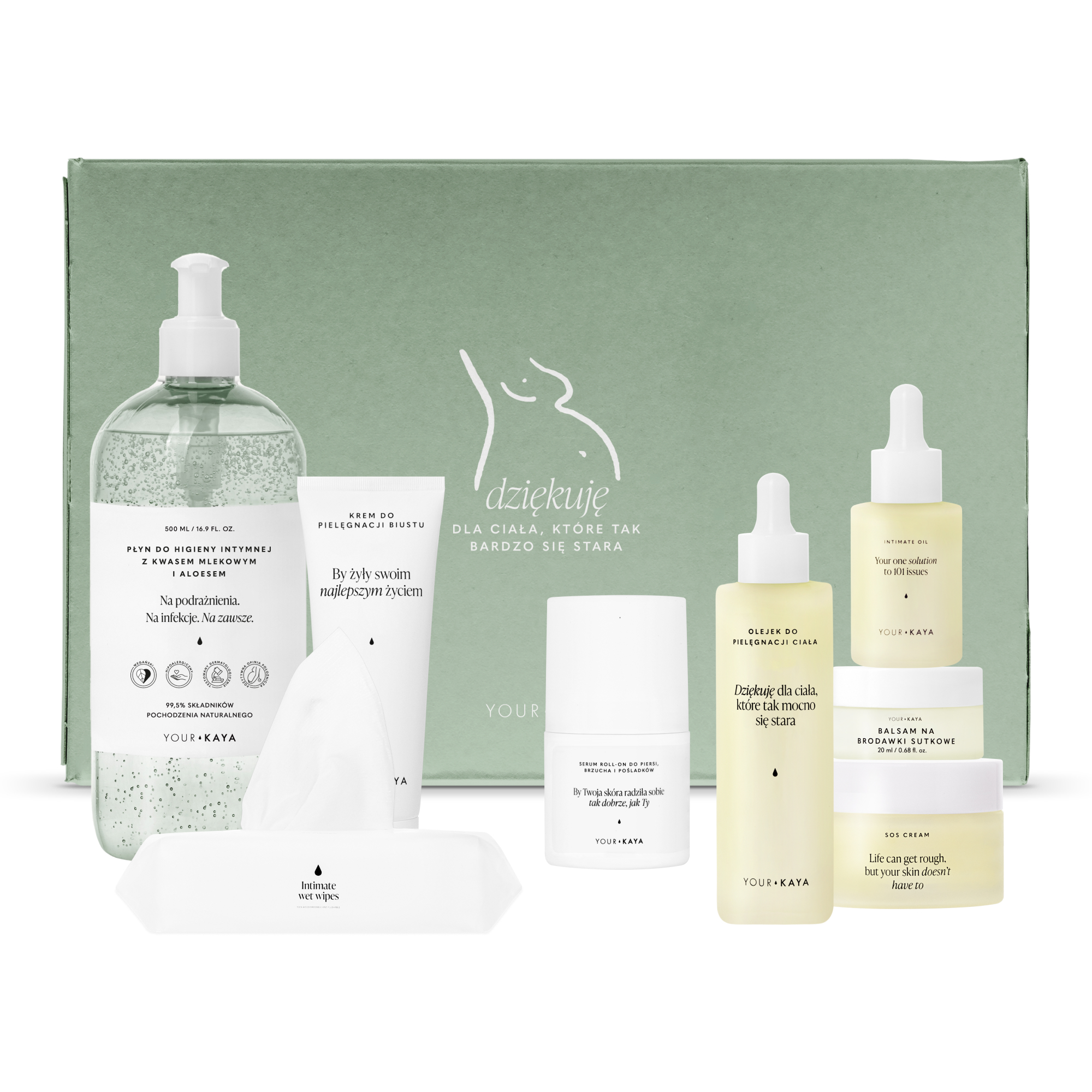 Your Kaya zestaw: balsam na brodawki, 20 ml + krem do biustu, 75 ml + olejek do ciała, 100 ml + serum roll-on, 50 ml + płyn, 250 ml + olejek intymn...