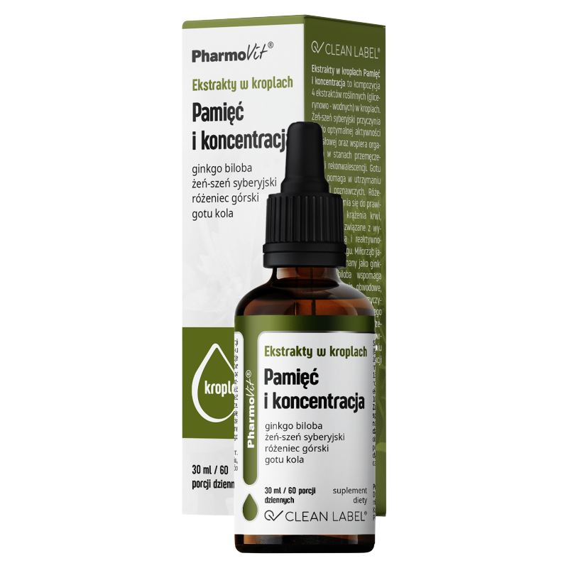 Pharmovit Clean label Ekstrakty w kroplach Pamięć i koncentracja, suplement diety, 30 ml