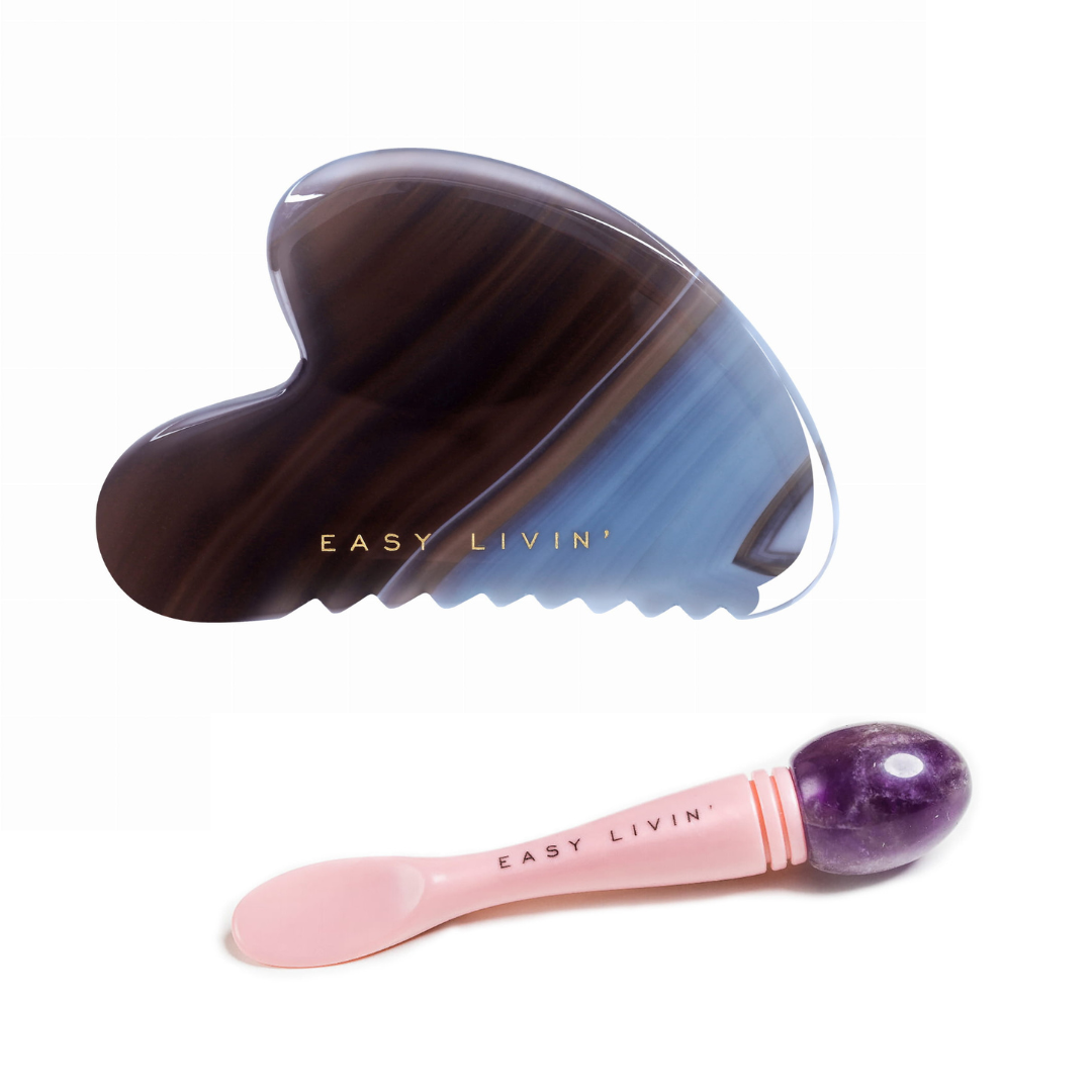 Easy Livin' zestaw: gua sha z agatu, 1 szt. + szpatułka do kremu i masażu okolic oka z ametystu, 1 szt.