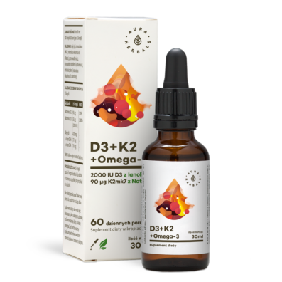 Aura Herbals, Witamina D3+K2MK7+Omega 3, suplement diety, krople,  30 ml