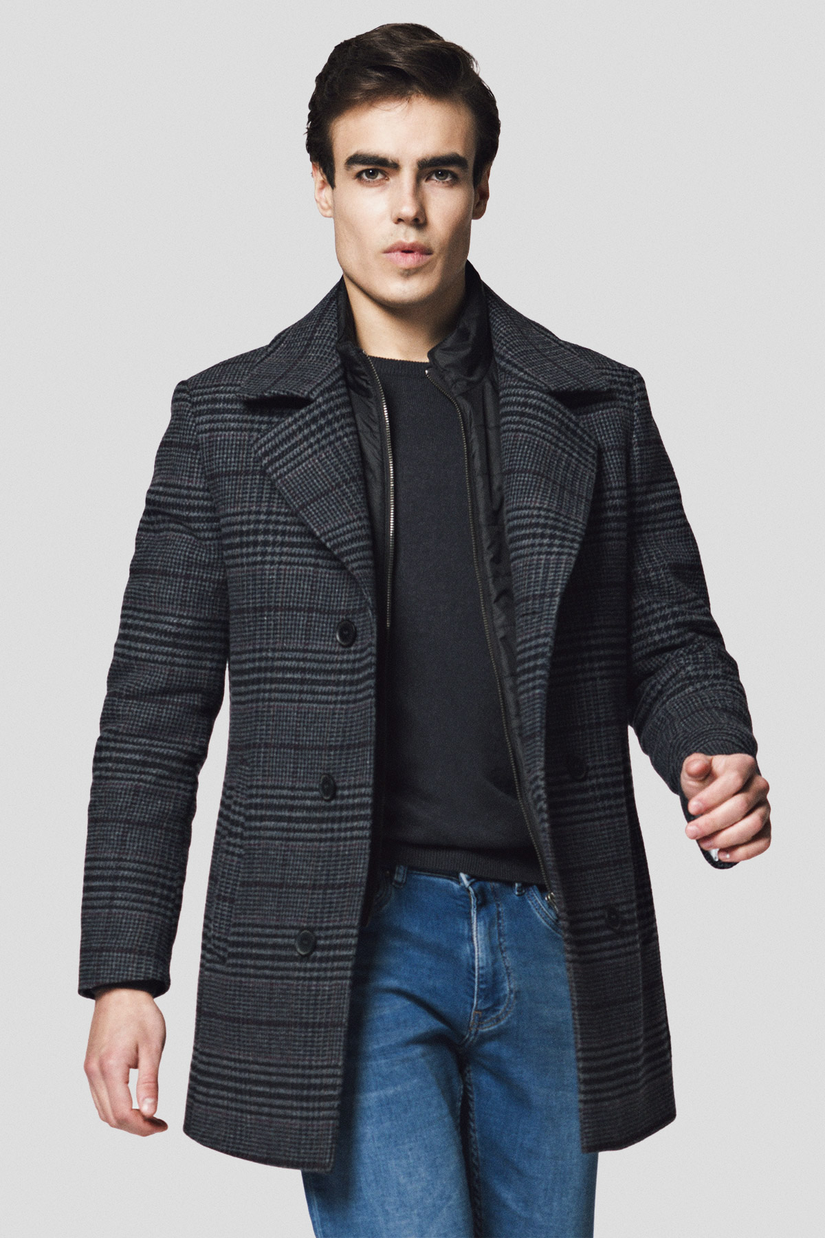 Lancerto Płaszcz Dwurzędowy Ciemnoszary w Kratę z Wełną Norymberga