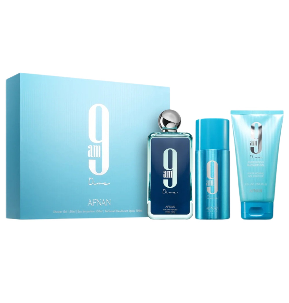 Afnan 9AM Dive zestaw: woda perfumowana unisex, 100 ml + żel pod prysznic, 150 ml + dezodorant unisex, 150 ml